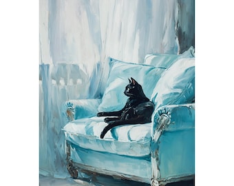 Black Cat in Blue Chair Art Print: Mid-Century Modern Home Decor
