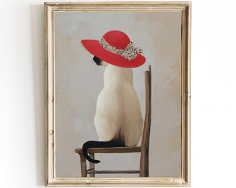 Siamese Cat Art Print: Whimsical Mid-Century Retro Cat in Red Hat
