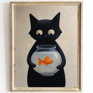 Funny Cat Art Print – Black Cat Looking at Goldfish – Oil Painting Wall Art – Framed or Canvas Print for Cat Lovers