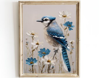 Blue Jay Oil Painting Print, Framed Bird Artwork, Floral Nature Wall Art
