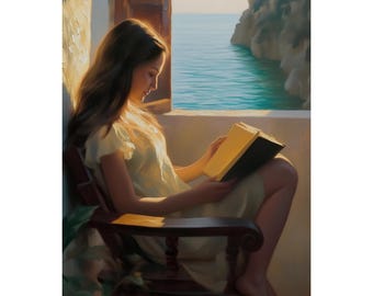Coastal Reading Wall Art, Woman with Book by Ocean Painting, Framed Canvas Print