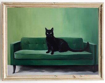 Black Cat on Green Couch Art Print – Mid-Century Modern Retro Style