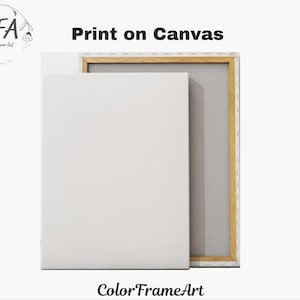 May include: Two white canvas prints, one leaning against the other, with a wooden frame visible. The text "Print on Canvas" is displayed in black. The Color Frame Art logo is in the upper left corner, and the words "Color Frame Art" are at the bottom.