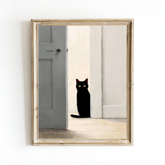 Black Cat Behind Door Art Print – Oil Painting Wall Art – Gray White Minimalist Poster – Framed or Canvas Options – Trendy Home Wall Art