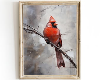 Cardinal Bird Wall Art, Framed Canvas Print, Bold Brushstroke Red Bird Painting