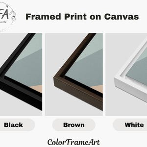 May include: Framed print on canvas with three frame color options: black, brown, and white. The canvas art features a geometric design with shades of blue, tan, and gray. The text "Color Frame Art" is at the bottom.