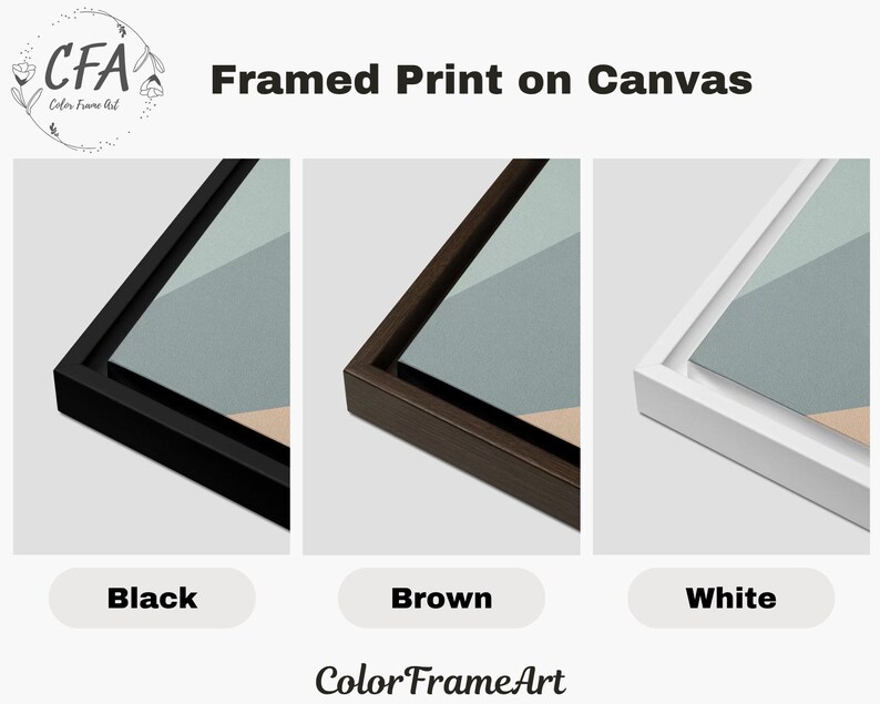 May include: Framed print on canvas with three frame color options: black, brown, and white. The canvas art features a geometric design with shades of blue, tan, and gray. The text "Color Frame Art" is at the bottom.