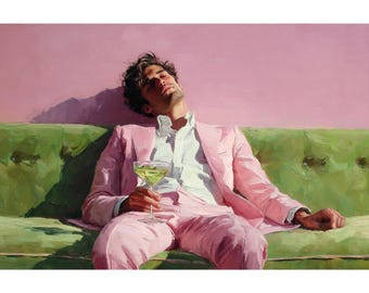 Man with Martini Wall Art - Quiet Portrait on Green Couch