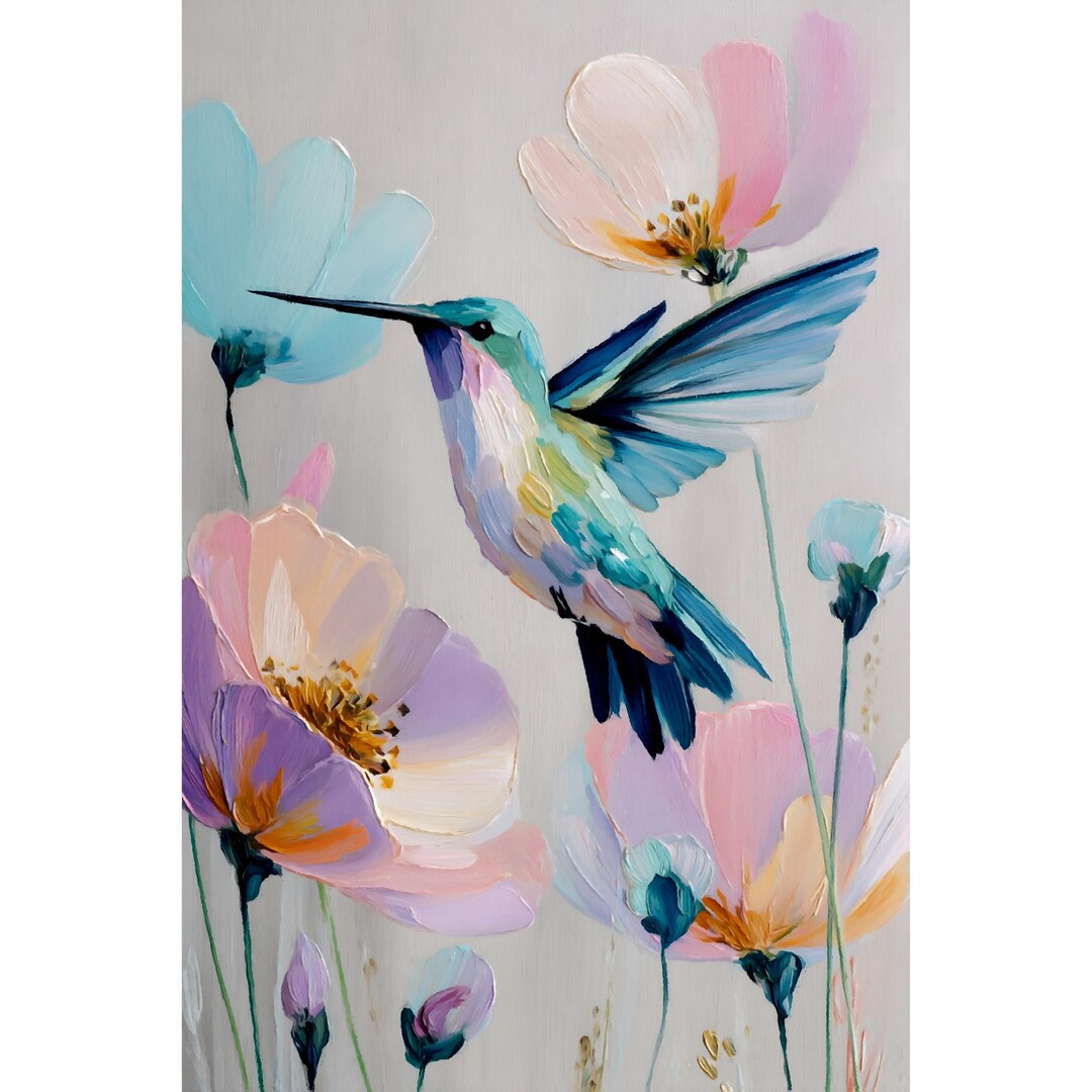 Hummingbird and Flowers Art Print: Mid-century Modern Oil Painting - Etsy