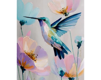 Hummingbird and Flowers Art Print: Mid-Century Modern Oil Painting