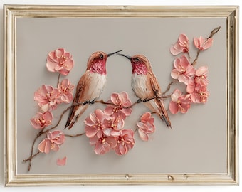 Love Birds Hummingbird Wall Art, Framed Horizontal Canvas Print, Textured Oil Painting