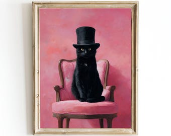 Black Cat Art Print: Mid-Century Retro Oil Painting, Framed or Canvas Options
