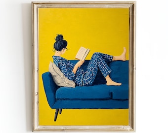 Woman Reading Art Print: Mid-Century Modern, Vintage Style Oil Painting