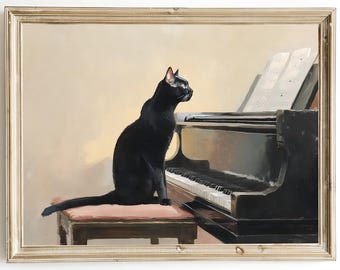 May include: A framed painting depicts a black cat seated on a pink piano bench, gazing at a grand piano. The piano keys are visible, and sheet music rests on the music stand. The artwork is set against a neutral background.