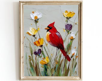 Cardinal Painting Wall Art, Framed Canvas Bird Print, Impasto Oil Painting