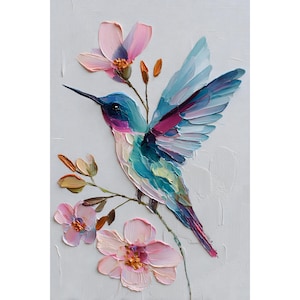 Hummingbird Impasto Oil Painting Print - Colorful Bird and Pink Flowers Art