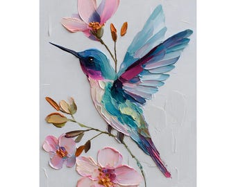 Hummingbird Impasto Oil Painting Print - Colorful Bird and Pink Flowers Art