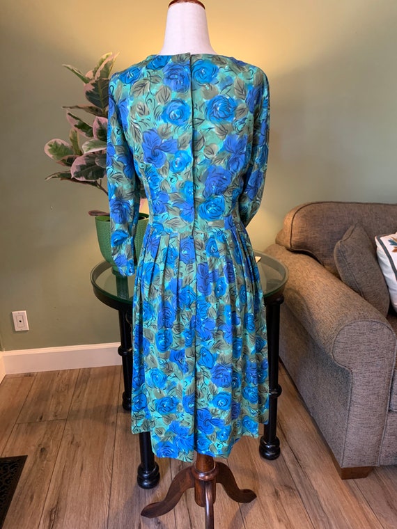 1950's Soft Blue Green Floral Double Knit Dress - image 7