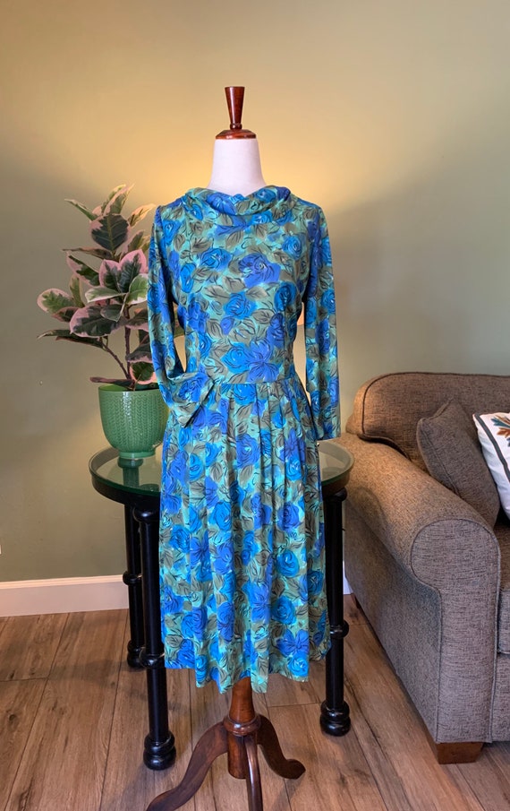 1960's Soft Blue Green Floral Double Knit Dress