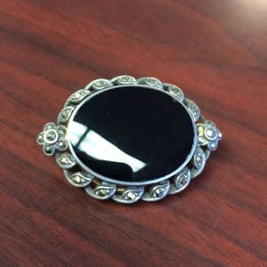 Black Onyx and Marcasite Brooch Sterling Silver Setting