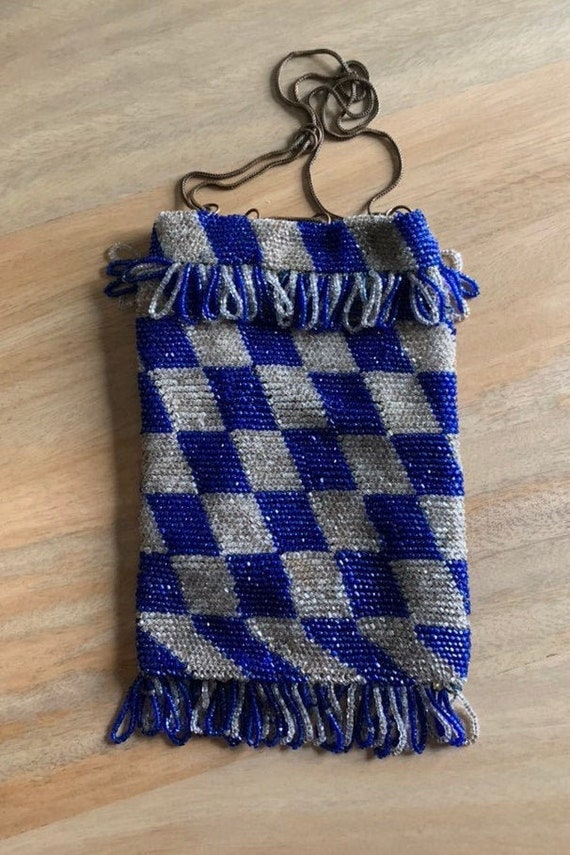 1920's Flapper Blue and White Beaded Checkered Bag