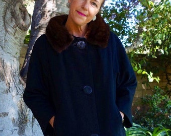 Charcoal Black Wool Mink Collar Jackie O Vintage 1960's Coat