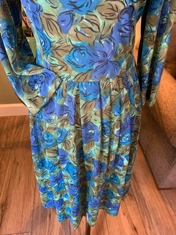 1950's Soft Blue Green Floral Double Knit Dress - image 3