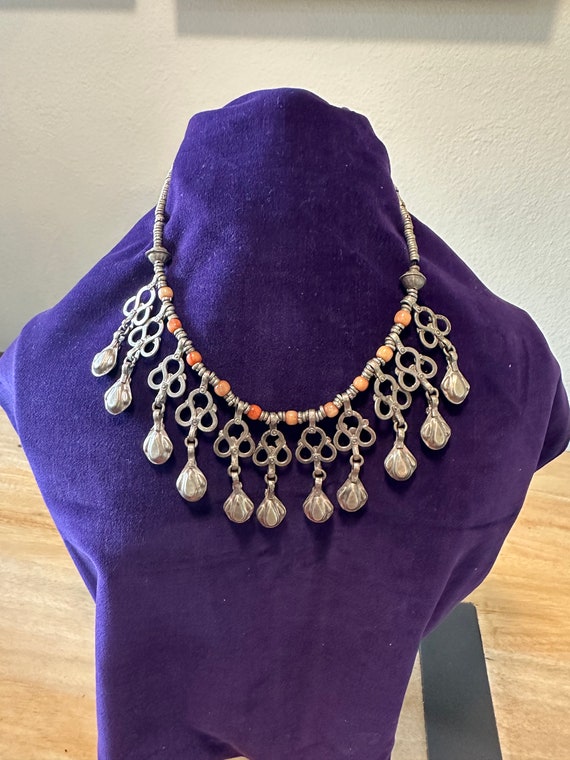 Ethnic Silver Tribal Bib Necklace Carnelian Beads