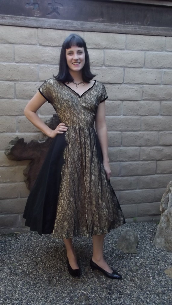 1950's Elegant Black and Cream Party Dress with Ve