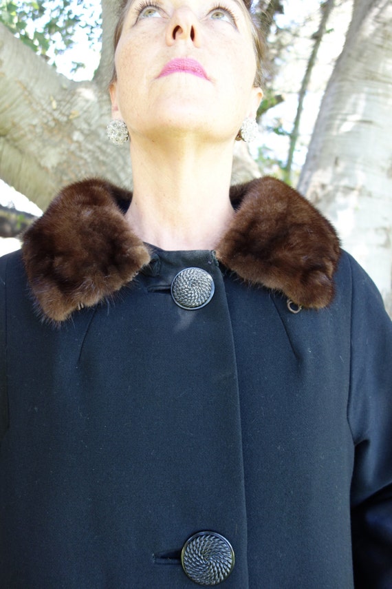 Charcoal Black Wool Mink Collar Jackie O Vintage … - image 5
