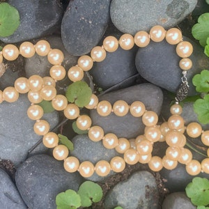 May include: A strand of faux pearls in a light peach color, with a silver filigree clasp. The necklace is draped over gray stones and surrounded by green foliage, creating a natural setting. The pearls are evenly spaced and have a subtle sheen.