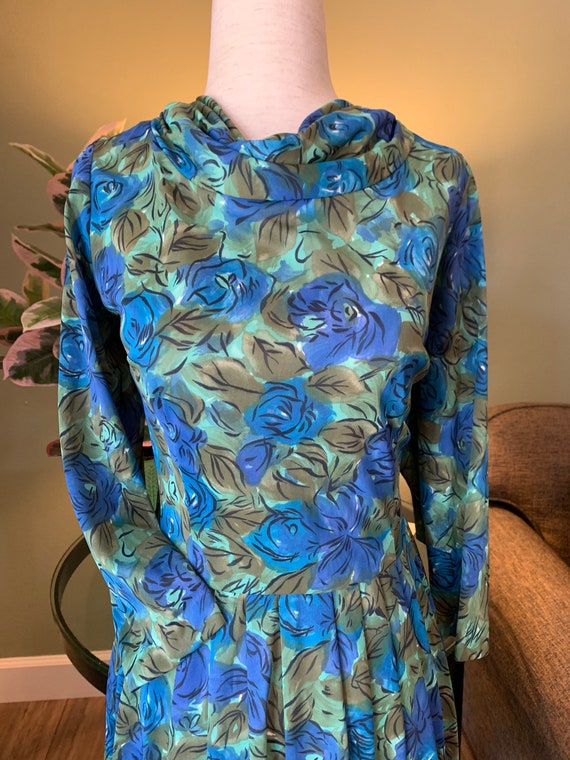 1950's Soft Blue Green Floral Double Knit Dress - image 2