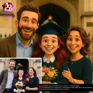 Custom Pixar Portrait – AI Cartoon Style, 3D Avatar for Family, Friends, Graduation, Group of 4 incl. Pet, Digital Gift, Personalized Art