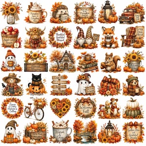 Könnte beinhalten: Eine Sammlung herbstlicher Illustrationen mit Kürbissen, Sonnenblumen, Gnomen, Geistern, Waldtieren, rustikalen Schildern mit Text, gemütlichen Tassen und Herbstlaub. Die Bilder zeigen warme Orange-, Braun- und Gelbtöne.