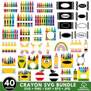 May include: A collection of 40 crayon-themed SVG designs in various colors and styles. The designs include crayons, pencils, and crayon boxes, with some featuring blank spaces for customization. The image also includes the text "Crayon SVG Bundle" and "40 Designs".