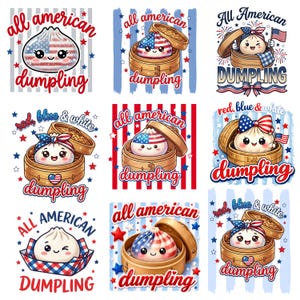 Puede incluir: Una colección de nueve ilustraciones gráficas que presentan dumplings lindos y sonrientes con temas patrióticos en rojo, blanco y azul. Cada dumpling se representa con patrones de bandera estadounidense, estrellas y vaporeras de bambú.