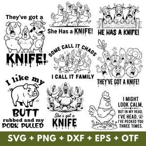Op de afbeelding: Zwart-wit cartoon illustraties van boerderijdieren en groenten met humoristische tekst. Ontwerpen omvatten varkens, koeien, kippen en groenten met zinnen als "They've got a KNIFE!" en "I like my BUTT rubbed and my PORK PULLED."