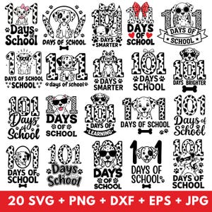 Könnte beinhalten: Eine Sammlung von schwarz-weißen Dalmatiner-Hund-Designs mit dem Text "101 Days of School". Die Designs zeigen Hunde mit Sonnenbrillen, Schleifen und Bleistiften. Der untere Teil des Bildes lautet "20 SVG + PNG + DXF + EPS + JPG".