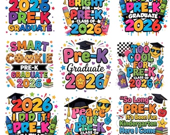 Pre-K Graduate 2026 PNG Bundle, So Long Pre-K png, Graduation png, Preschool Grad png, Last Day Of School Png, Kids School Grad Sublimation