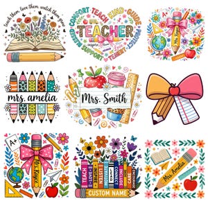 Puede incluir: Una colección de nueve diseños gráficos digitales con ilustraciones de temática escolar que incluyen lápices, libros, manzanas, globos terráqueos, reglas y lazos. Varios diseños incorporan texto personalizado como Mrs. Kayce, Mrs. Amelia y Mrs. Smith.