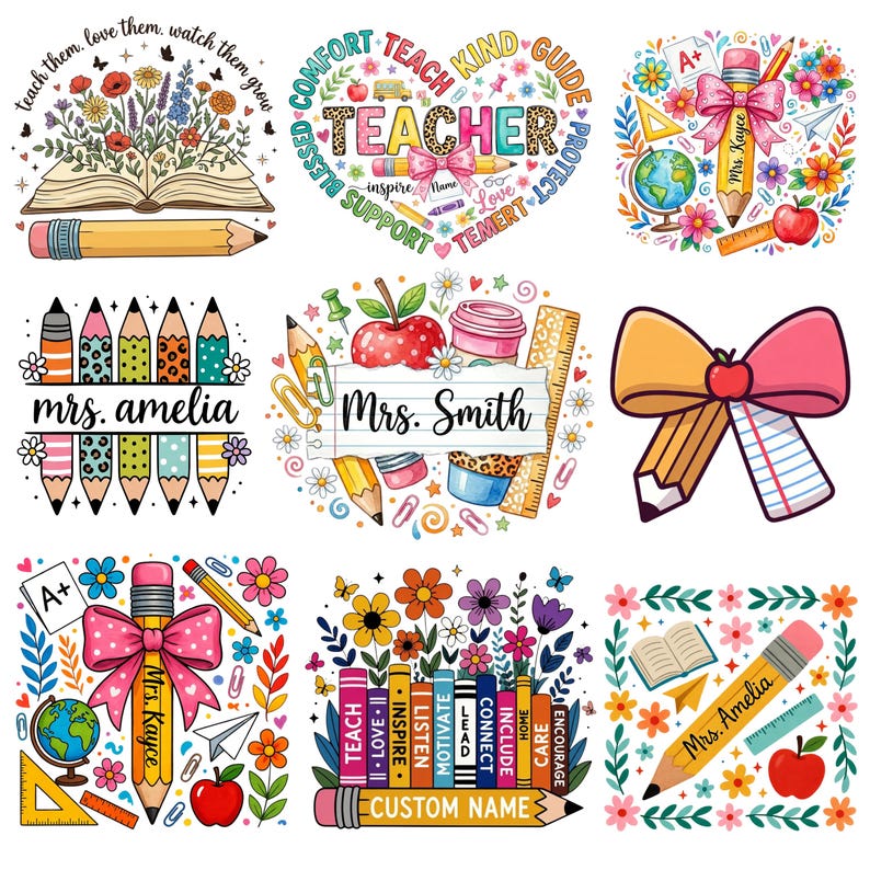 May include: A collection of nine digital graphic designs featuring school-themed illustrations including pencils, books, apples, globes, rulers, and bows. Several designs incorporate personalized text such as Mrs. Kayce, Mrs. Amelia, and Mrs. Smith.