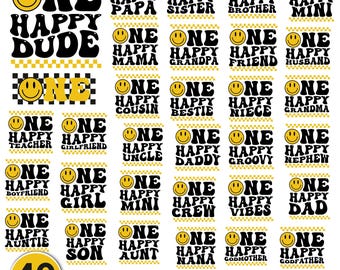 One Happy Dude Matching Birthday Svg png Bundle, One Happy Family Png,Birthday Family Png, Retro Smiley Face svg,First Birthday Boy Girl svg