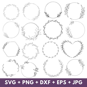 May include: A collection of black and white floral wreath designs in various shapes, including circles, a hexagon, and a heart. The wreaths are made of delicate leaves and branches. The bottom of the image includes the text "SVG + PNG + DXF + EPS + JPG".