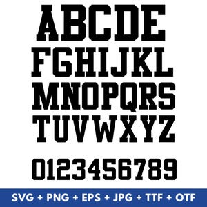 May include: A black, bold alphabet and number set in a varsity style, featuring letters A to Z and numbers 0 to 9. The characters are blocky and suitable for custom designs. The image also includes file type information.