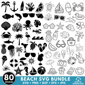 May include: A collection of 80 black and white beach-themed SVG designs. Includes illustrations of a sailboat, sunglasses, starfish, crab, pineapple, and other summer elements. The text "BEACH SVG BUNDLE" is also included.