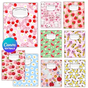 May include: A collection of nine rectangular composition books featuring various patterns including cherries, kittens, strawberries, watermelons, school buses, daisies, and school supplies. Each book has a central white label with the text Composition Book.