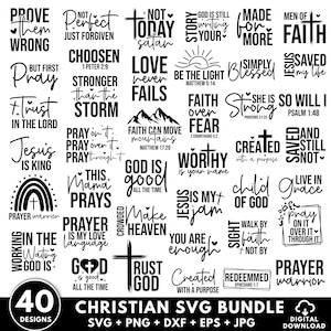 Pode incluir: Um pacote de 40 designs SVG cristãos, com citações inspiradoras e símbolos religiosos. Os designs incluem frases como "A fé pode mover montanhas" e "Jesus é Rei", em uma variedade de fontes e estilos. O pacote inclui formatos SVG, PNG, DXF, EPS e JPG.