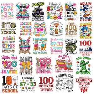 May include: A selection of vibrant graphic designs marking 100 days of school. The designs incorporate diverse themes, including ice cream, sports, and cartoon characters, with text such as "I Survived" and "100 Days of School."