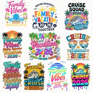 Op de afbeelding: Een verzameling van twaalf kleurrijke grafische ontwerpen met tropische thema's, cruiseschepen, palmbomen en zonsondergangen. Elk ontwerp bevat tekst zoals Family Vibes, Family Vacation of Cruise Squad, samen met het jaar 2026 en strandelementen.