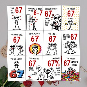 May include: A set of twelve white cards with black stick figures and the number 67 in red. Each card has a different message, such as "Your Rizz Level 67" and "You Deserve 67 Stars". The cards are designed with a playful and humorous theme.